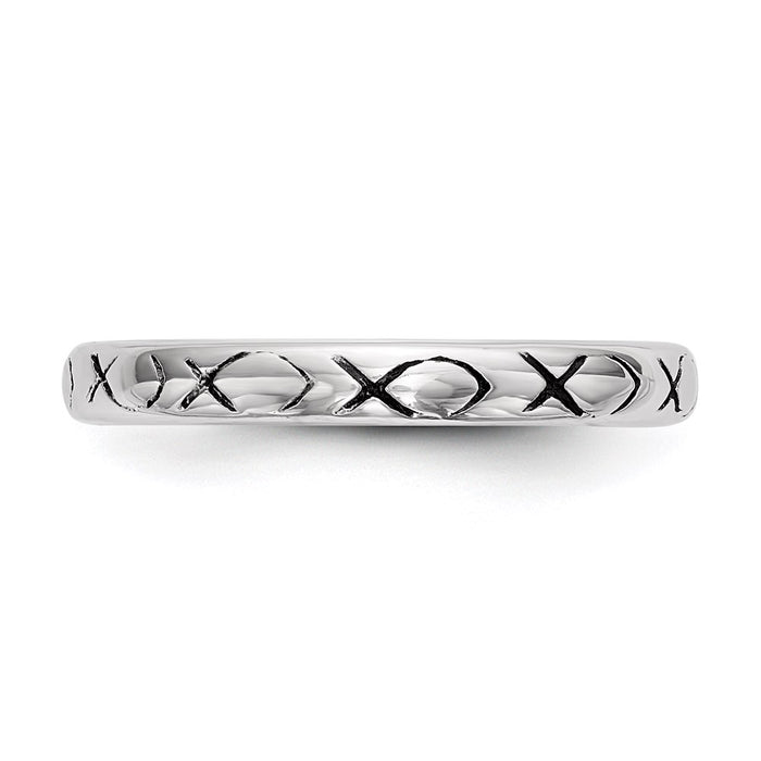 High-quality Polished Antiqued Ichthus Ring, Rhodium-Plated Sterling Silver-3
