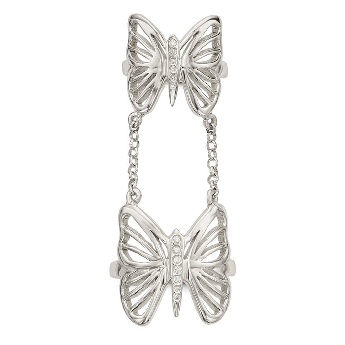 Shop Stylish Polished Sterling Silver Double Finger Ring with CZ Butterfly Design-4