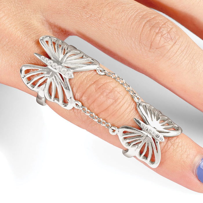 Exclusive Polished Sterling Silver Double Finger Ring with CZ Butterfly Design-5