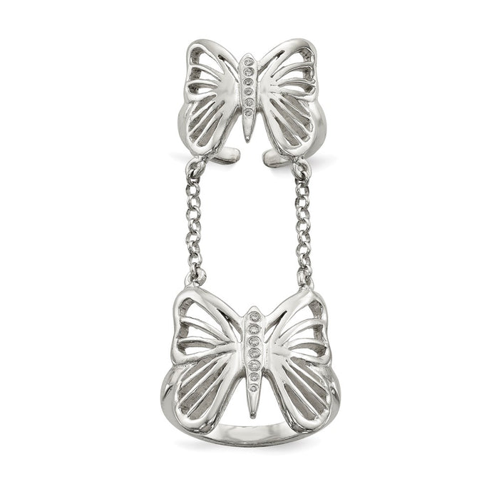 Shop Stylish Polished Sterling Silver Double Finger Ring with CZ Butterfly Design-1