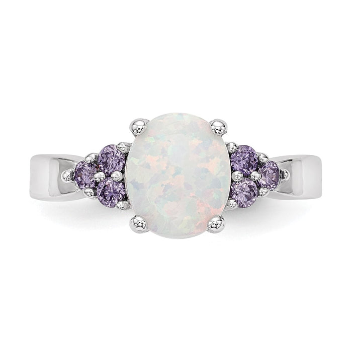 Buy Stylish Rhodium-Plated Sterling Silver Oval Created Opal Ring  | Affordable Purple CZ Accents-4