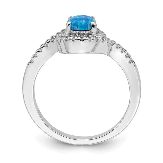High-Quality Rhodium-Plated Sterling Silver Halo Ring with Blue Opal & CZ Accents
