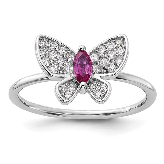 Exclusive Rhodium-Plated Sterling Silver Butterfly Ring | Stylish Red & White CZ Accents