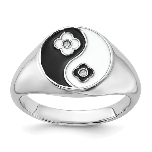 Shop Stylish Rhodium-Plated Sterling Silver Enamel Yin Yang Ring with CZ Accents