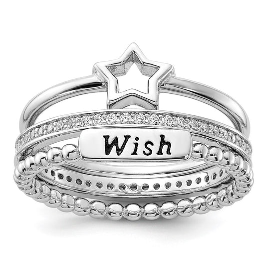 Exclusive Sterling Silver Rhodium-Plated CZ Star WISH Trio Ring Set - Stylish Value!