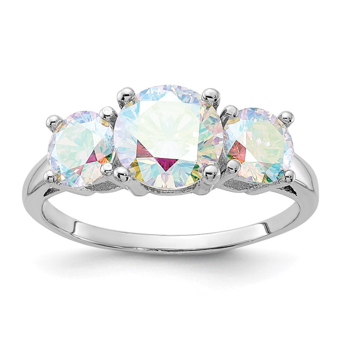 Exclusive Rhodium-Plated Sterling Silver Iridescent CZ Triple Stone Ring - Stylish Value-1