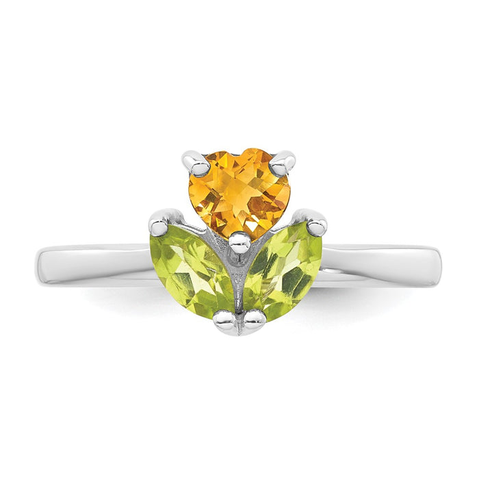 Exclusive Rhodium-Plated Sterling Silver Heart Ring with Citrine & Peridot - Affordable Luxury!-4
