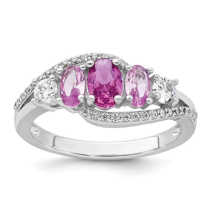High-Quality Polished Pink CZ 5-Stone Ring in Rhodium-Plated Silver - Size 6-1