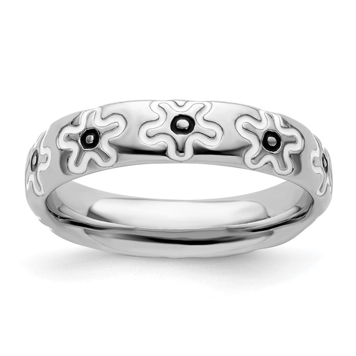Exclusive Polished Enameled Flower Ring in Sterling Silver - Stylish Stackable Expressions-1