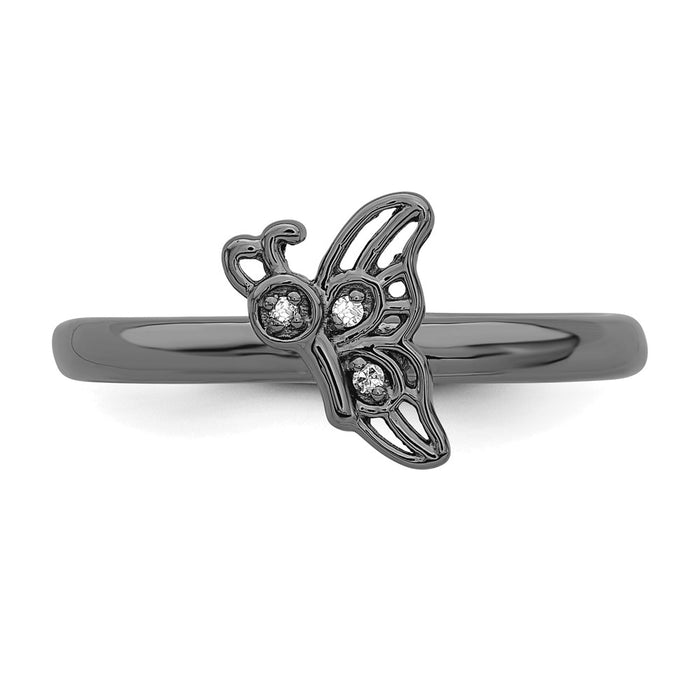 High-Quality Sterling Silver Black-Plated Butterfly Ring with Diamond - Stylish Stackable Design-4