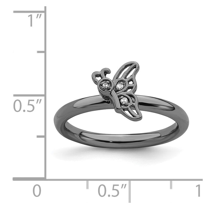 High-Quality Sterling Silver Black-Plated Butterfly Ring with Diamond - Stylish Stackable Design-5
