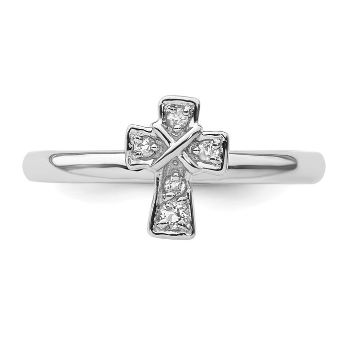 High-Quality Rhodium-Plated Sterling Silver Stackable Cross Ring with White Topaz Accents - Stylish & Affordable-4