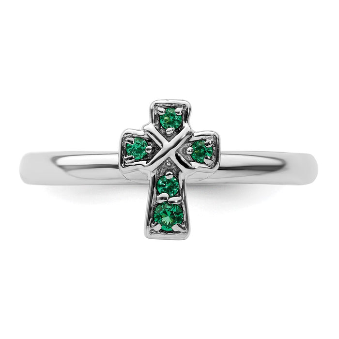 Exclusive Rhodium-Plated Sterling Silver Emerald Cross Ring - Stylish Stackable Design-4