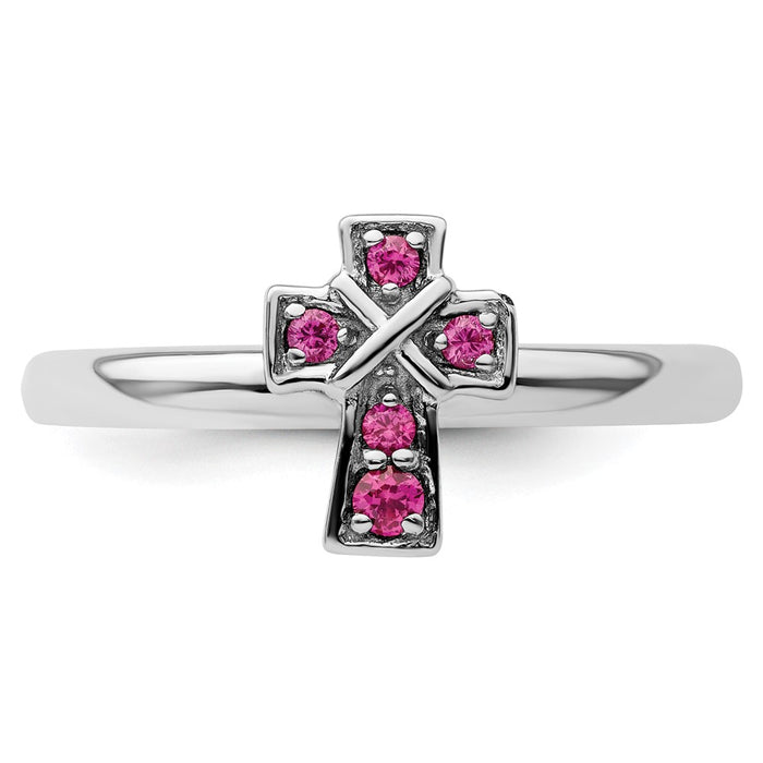 Designer Rhodium-Plated Sterling Silver Stackable Ruby Cross Ring - Stylish Value-4