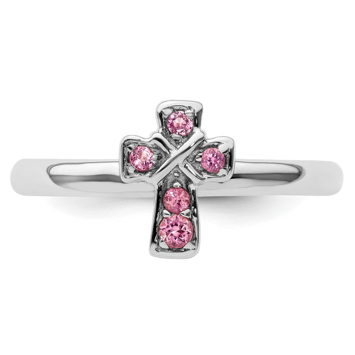 High-Quality Rhodium-Plated Sterling Silver Stackable Cross Ring, 14K Gold, Affordable Pink Tourmaline-4