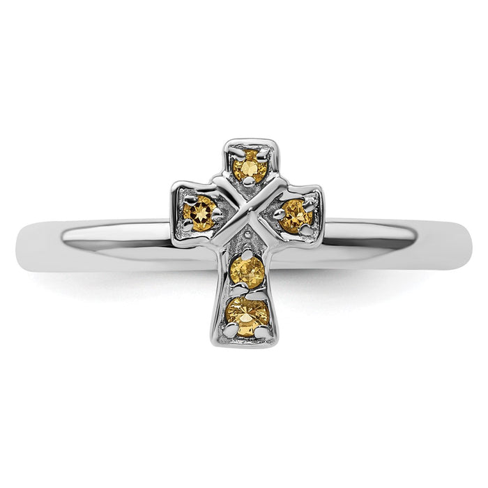 Exclusive Rhodium-Plated Sterling Silver Stackable Citrine Cross Ring - Stylish Design-4