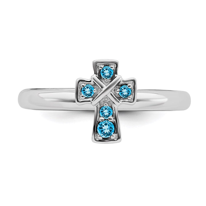 Shop Stylish Rhodium-Plated Sterling Silver Stackable Cross Ring with Blue Topaz-4