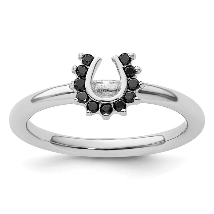 Shop Stylish Rhodium-Plated Sterling Silver Stackable Horseshoe Ring w/ Black Diamonds - 14K Luxury Design-1