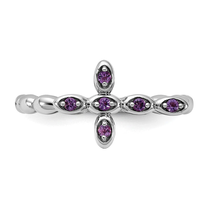 Exclusive Rhodium-Plated Amethyst Cross Ring in Sterling Silver - Stylish Stackable Design-4