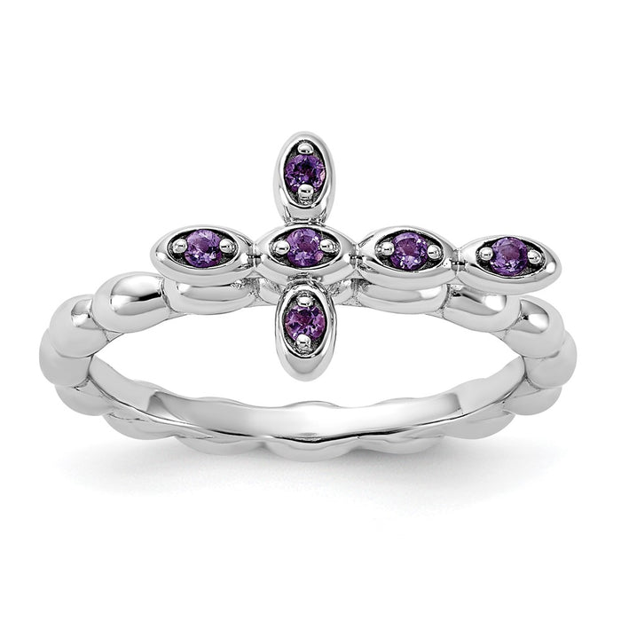 Buy Stylish Rhodium-Plated Amethyst Cross Ring - Sterling Silver, Stackable-1