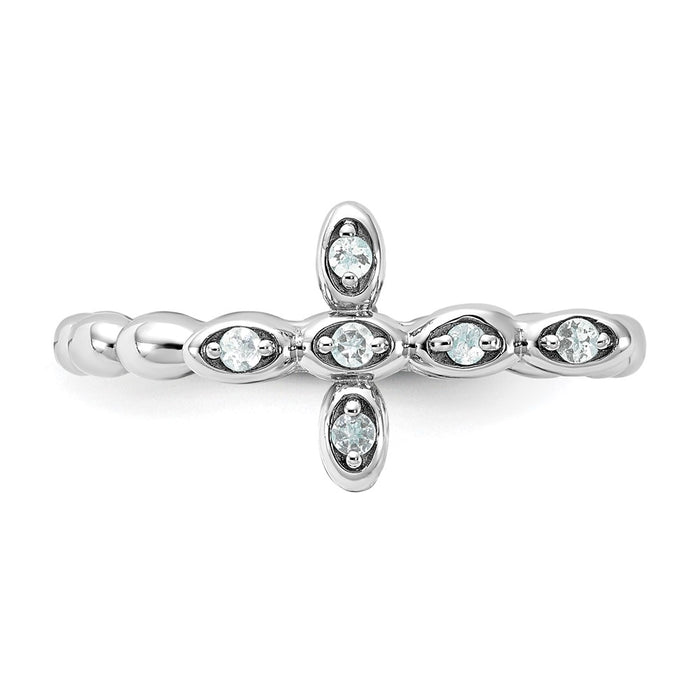Exclusive Rhodium-Plated Aquamarine Cross Ring in Sterling Silver - Stylish Stackable Expressions-4
