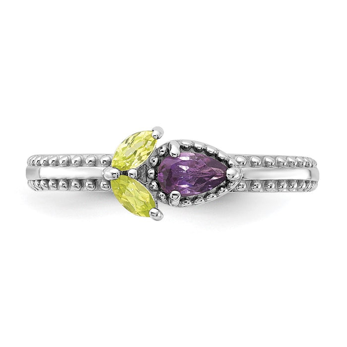 Exclusive Rhodium-Plated Flower Ring with Amethyst & Peridot - Stylish Stackable Silver-4