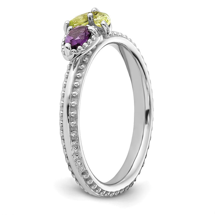 Exclusive Rhodium-Plated Flower Ring with Amethyst & Peridot - Stylish Stackable Silver-5