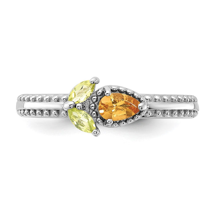 Exclusive Rhodium-Plated Textured Flower Ring - Stylish Citrine & Peridot, Affordable Stackable Sterling Silver-4