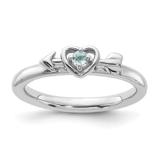 Shop Stylish Rhodium-Plated Sterling Silver Heart Ring with Aquamarine Arrow