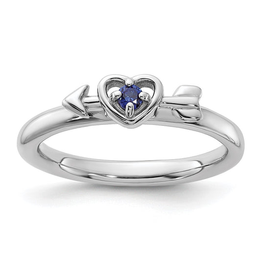 Exclusive Rhodium-Plated Sterling Silver Stackable Heart Ring - Stylish Sapphire Arrow Design