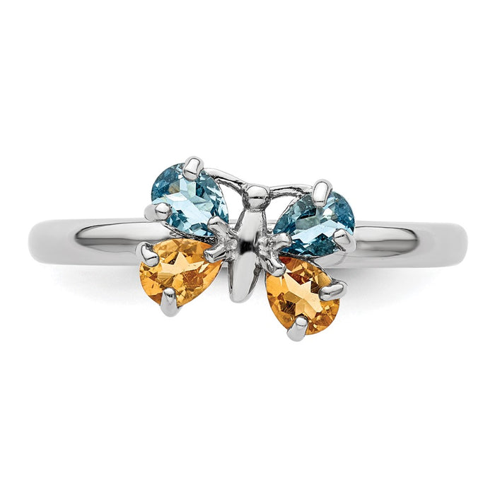 High-Quality Sterling Silver Stackable Butterfly Ring with Blue Topaz & Citrine - Affordable Luxury!-4
