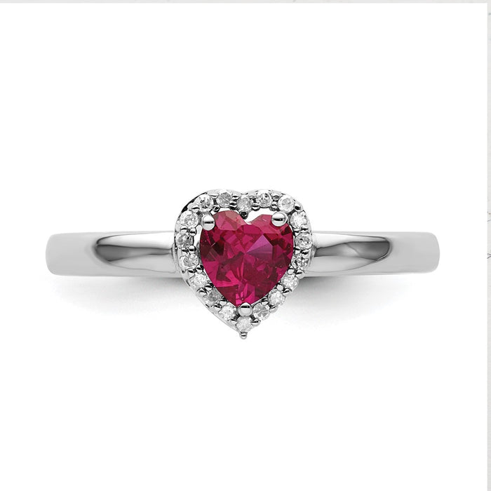 Order Stylish Sterling Silver Stackable Heart Ring with Created Ruby & Diamonds-4