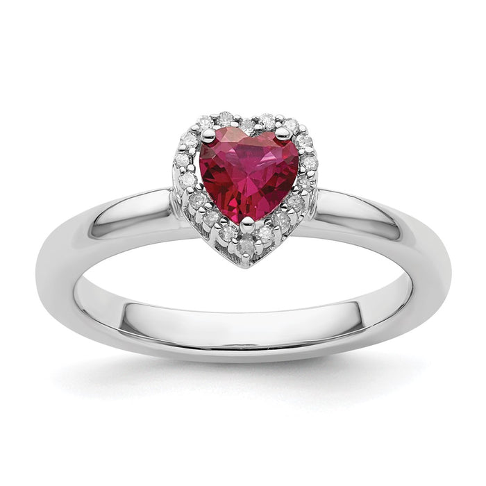 Order Stylish Sterling Silver Stackable Heart Ring with Created Ruby & Diamonds-1