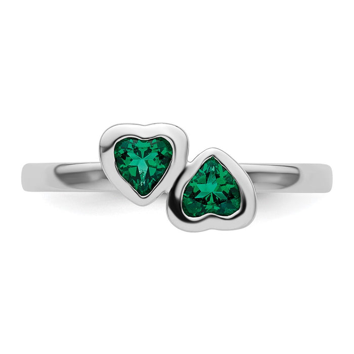 Exclusive Sterling Silver Double Heart Ring with Created Emerald - Stylish Design-4