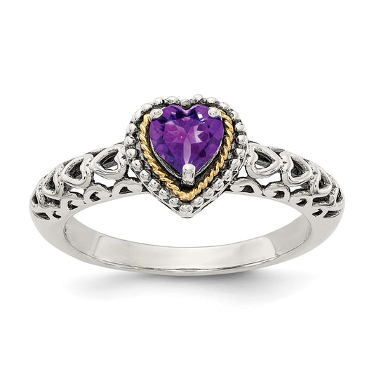 Buy Stylish Antiqued Amethyst Heart Ring in Sterling Silver & 14K Gold Accents