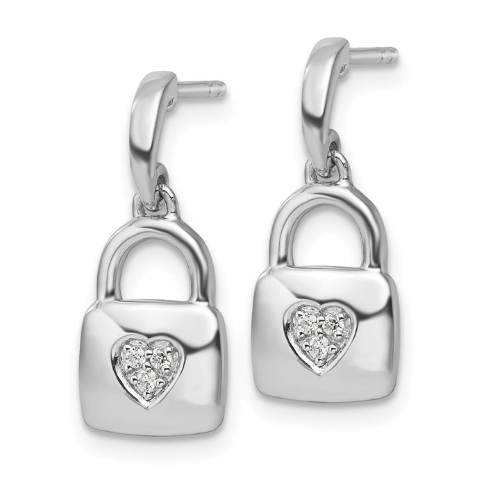High-Quality Diamond Heart Lock Dangle Earrings in Rhodium-Plated Silver-2