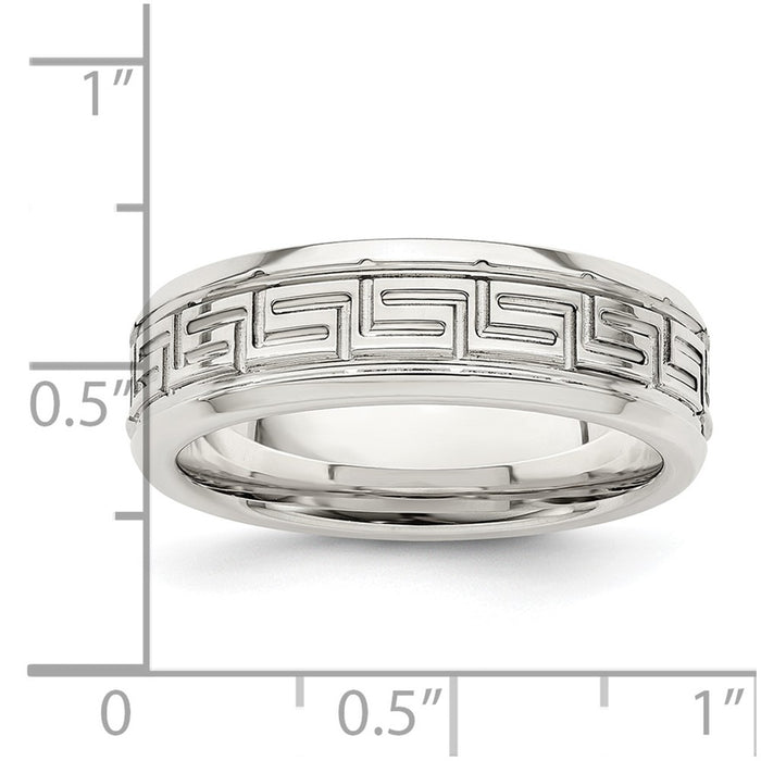 Designer Polished Sterling Silver 6mm Greek Key Band - Affordable Luxury Size 13-5