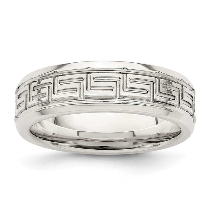 Buy Stylish 6mm Beveled Edge Greek Key Silver Band - Size 8.5, Affordable Luxury-1