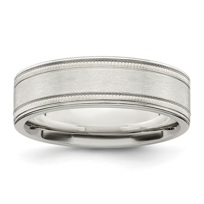 Buy Stylish Sterling Silver 6mm Brushed Flat Band - Size 13 with Milgrain Edges-1