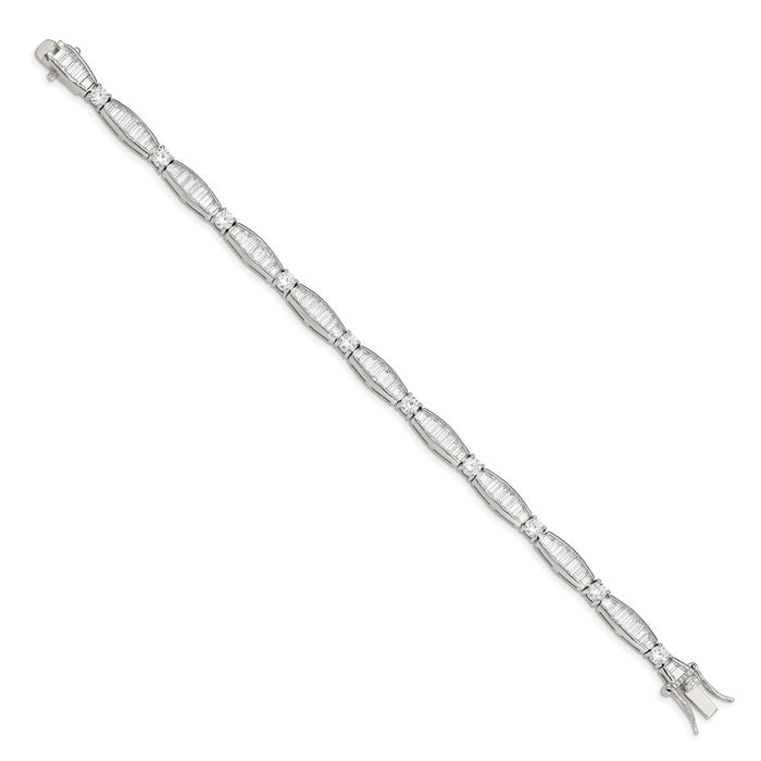 Exclusive Rhodium-Plated Sterling Silver Bracelet: Stylish CZ Baguette & Round Design-2