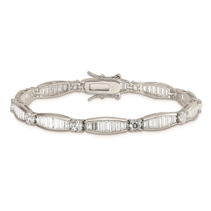 Exclusive Rhodium-Plated Sterling Silver Bracelet: Stylish CZ Baguette & Round Design-3