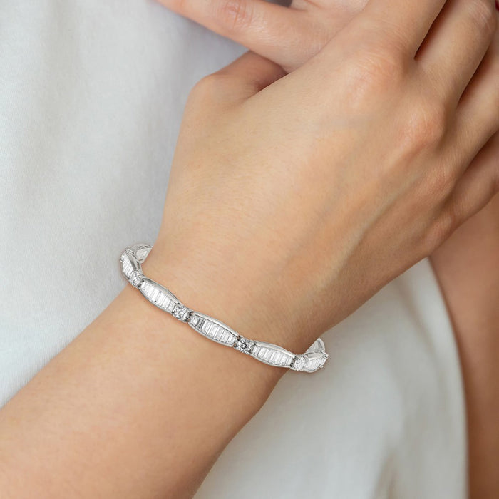 Exclusive Rhodium-Plated Sterling Silver Bracelet: Stylish CZ Baguette & Round Design-4