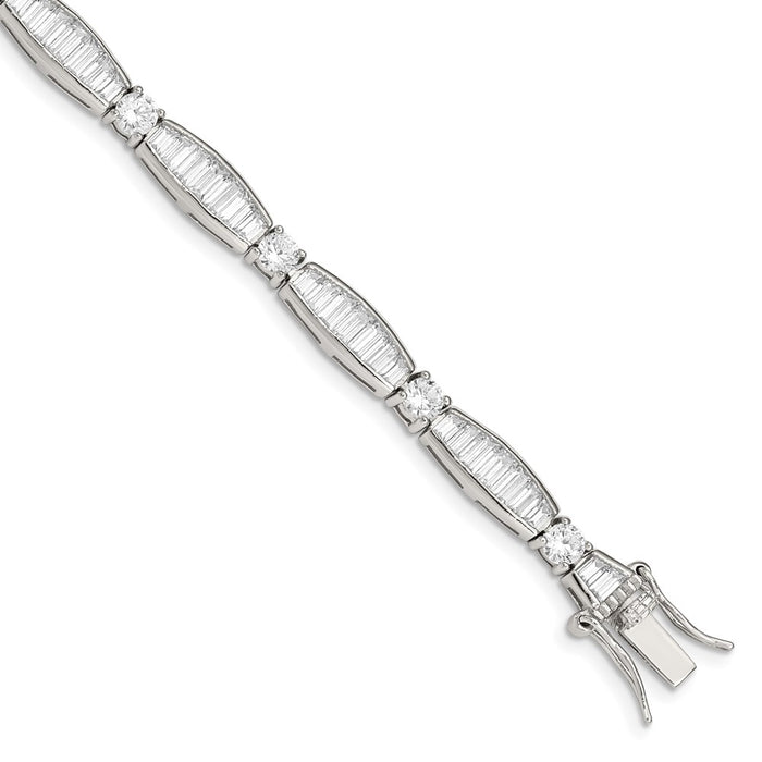 Exclusive Rhodium-Plated Sterling Silver Bracelet: Stylish CZ Baguette & Round Design-1