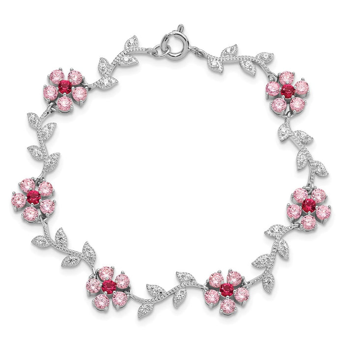 Shop Exclusive Rhodium-Plated Sterling Silver Bracelet 7.75" with CZ Flowers-4