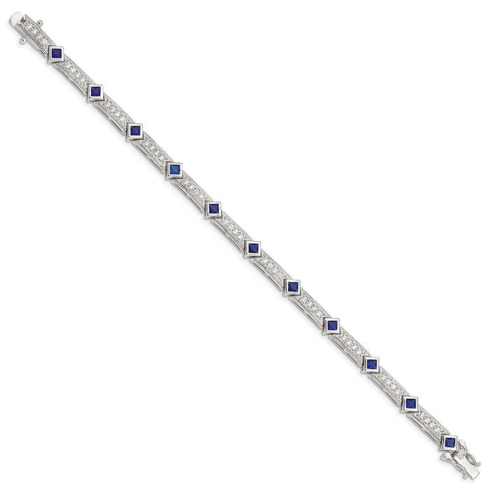 Buy Stylish Rhodium-Plated Sterling Silver Bracelet - 7.25" Blue Glass & CZ-2