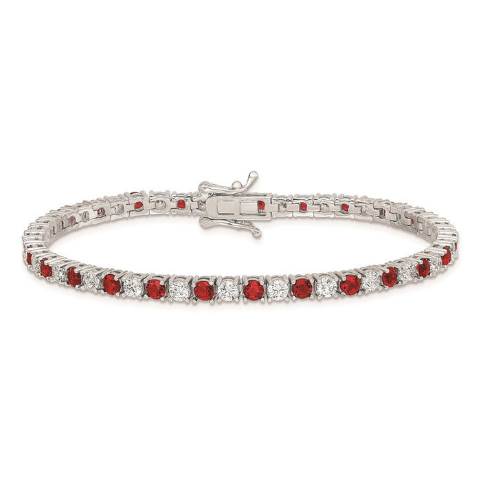 Exclusive Rhodium-Plated Sterling Silver Bracelet - 7 Inches, Stylish Red Glass & CZ Accents-4