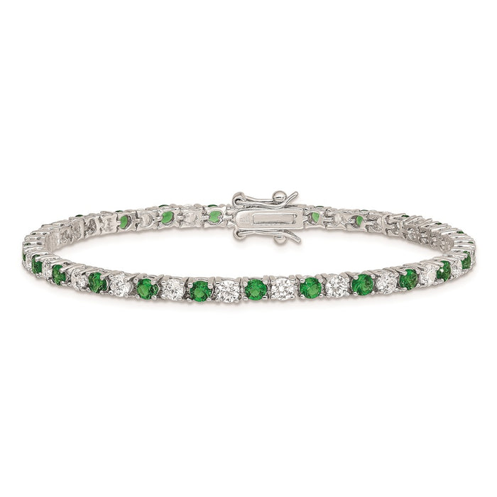 High-Quality Rhodium-Plated Sterling Silver Bracelet - 7" with Green Glass & CZ Accents, Stylish Value-4