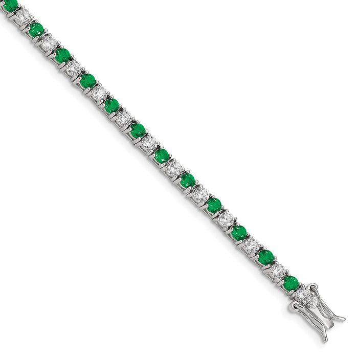 High-Quality Rhodium-Plated Sterling Silver Bracelet - 7" with Green Glass & CZ Accents, Stylish Value-1