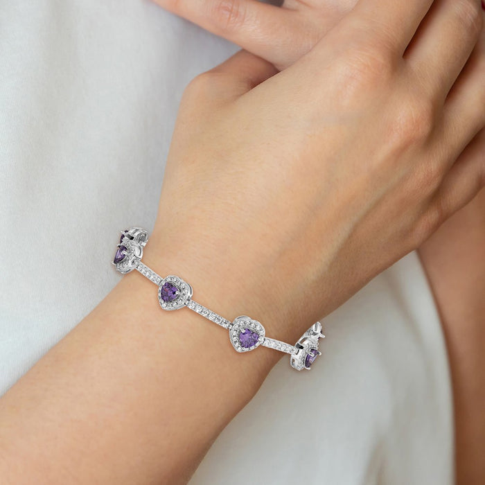 Exclusive Rhodium-Plated Heart Bracelet: Amethyst & CZ Accents - Stylish Value-5