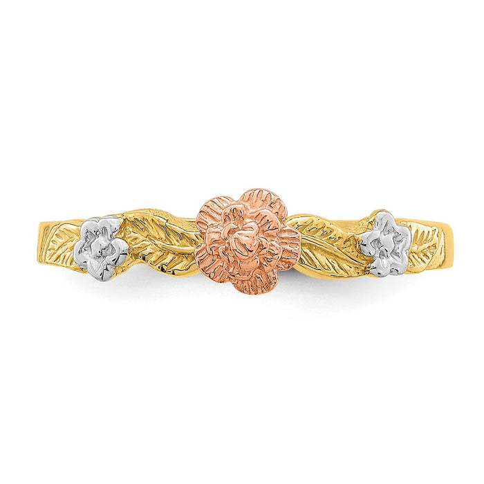 High-Quality 14K Two-Tone Flower Ring - Stylish White Rhodium Finish-4